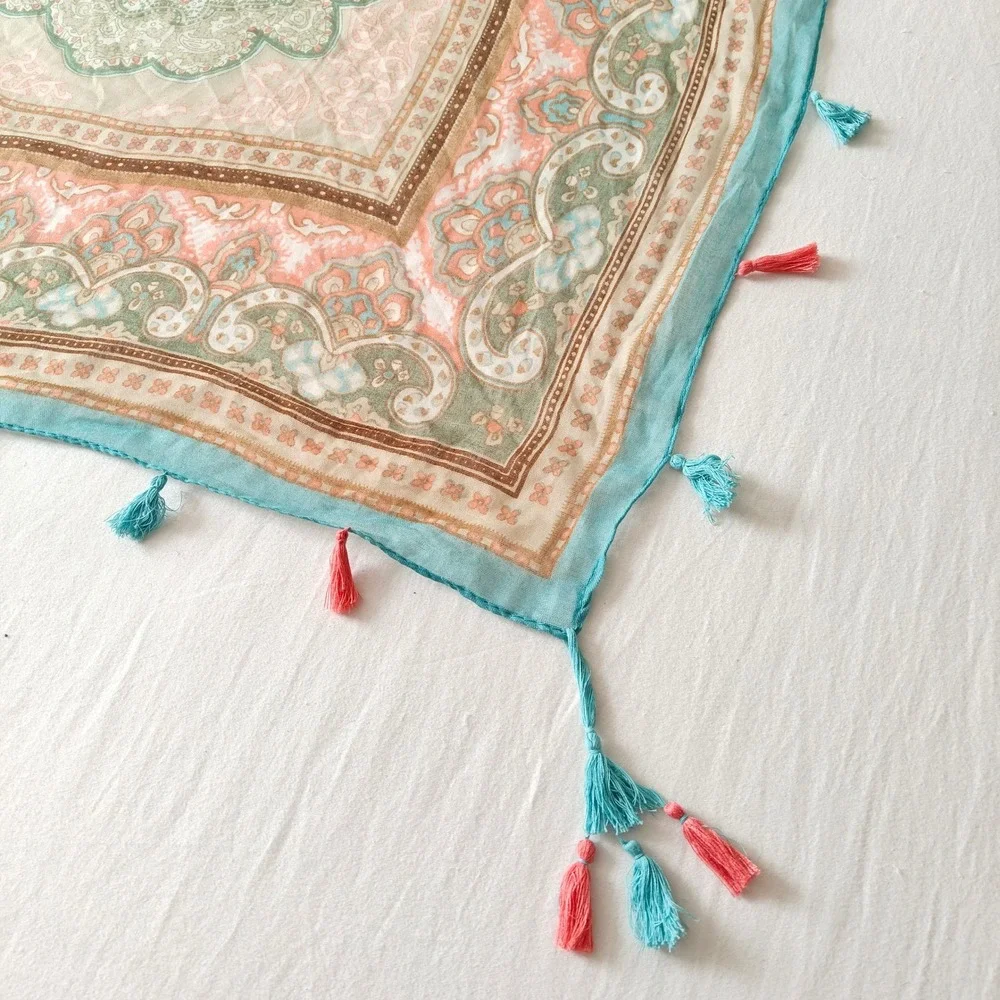 Spun by Subtle Luxury Teal Salmon Pink Paisley Tassel Square Scarf Bohemian